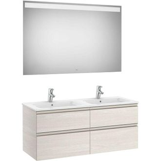 Roca Roca - Pack de mueble base de cuatro cajones, lavabo doble y espejo led the gap Color: Fresno nórdico
