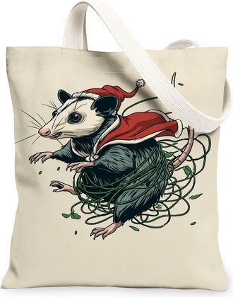 Generic Christmas Animal Canvas Tote Bags, Opossum Design Reusable Grocery Bags, Vintage Lightweight Washable Shoulder Strap Canvas, Beige, 13x15 Inch