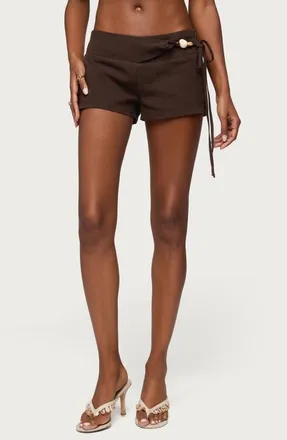 Edikted Vikkie Beaded Waist Low Rise Linen Blend Shorts in Brown at Nordstrom, Size X-Small