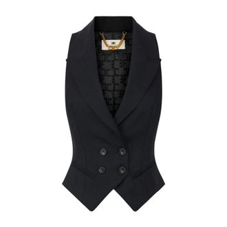 Elisabetta Franchi Woltenen Gilet met Dubbele Rij Knopen - Dames - Jassen - Zwart - Maat: XL Wol