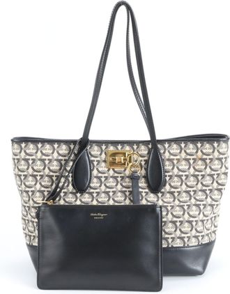 Ferragamo Gancini Beige Black Leather Canvas Tote Bag (Pre-Owned)