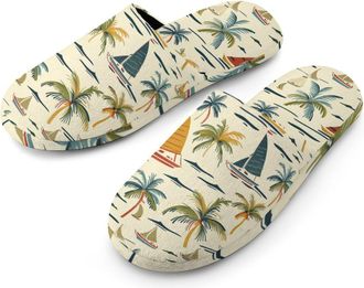 Generic Coconut Tree Sailing Boat Warm Mens Slippers Slip On Soft Fleece House Shoes Winter Indoor Outdoor