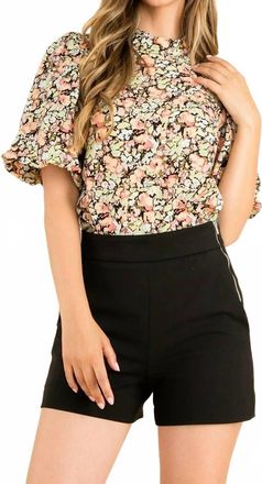 THML Clothing Floral Print Puff Sleeve High Neck Top With Short Sleeve In Black