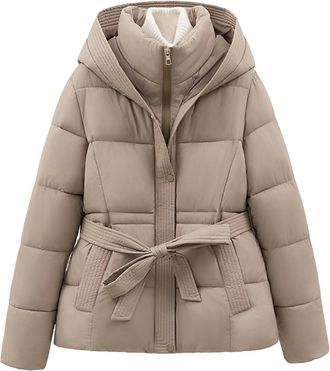 Generic Yolimok Womens Jackets Belted Hooded Puffer Jacket Softshell Jacket Full Zip Windbreaker Winter Jackets for Women Loose Parka Parkas Chunky Quilted Ho