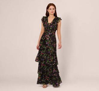 Adrianna Papell Floral Tiered Chiffon Gown With Flutter Sleeves In Black Multi