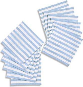 Solino Home Linen Cocktail Napkins Set of 12, 6 x 6 Inch for Dining Table, Holiday and Everyday Table Decor - Amalfi Stripe in Sky Blue And White at