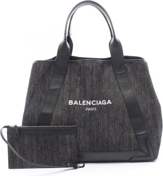 Balenciaga Black Navy Denim Leather Handbag Tote Bag (Pre-Owned)