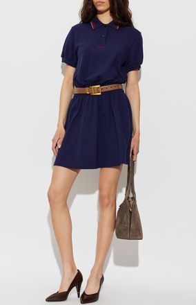 Versace Cotton Dress With Embroidered Logo, Womens, Navy Blue