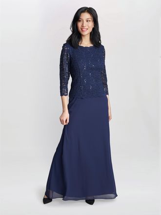 Gina Bacconi Womens Virginia Maxi Lace Dress With Chiffon Skirt - Navy - Size 18 UK