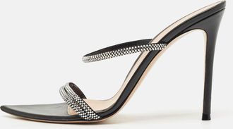 Gianvito Rossi Black Leather Crystal Embellished Cannes Slide Sandals