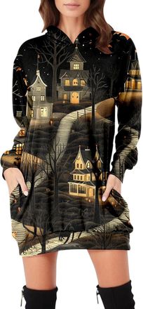 Generic Womens Hoodie Dresses Halloween Witch Fall Winter 2025 Pullover Zombie Bloodstained Long Sleeve Pumpkin Horror Dress Skull Festive Oversized Sweatshir