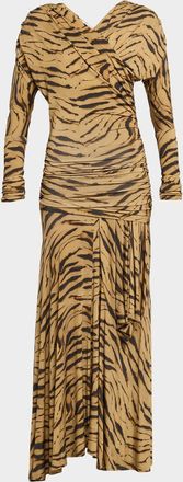 Ganni Tiger-Print Ruched Jersey Maxi Dress