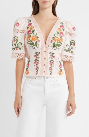 Farm Rio Floral Embroidered Cotton Top in Ivory/pink at Nordstrom, Size Xx-Small