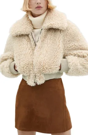 Mango Faux Shearling Crop Aviator Jacket in Ecru at Nordstrom, Size X-Small