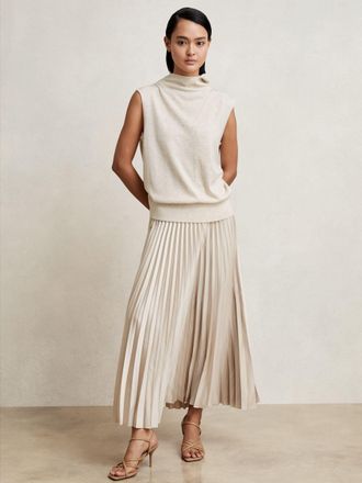Reiss Champagne Neutral Pleated Midi Skirt, 18