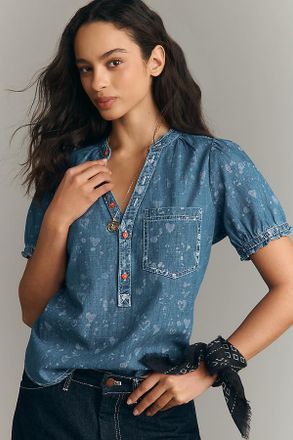 Pilcro The Aly Denim Puff-Sleeve Heart Blouse by Pilcro