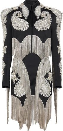 Balmain LS Embrdrd Crystal Fringed Short Dress - Dames - Feestkleedjes - Zwart - XS - Kleedjes