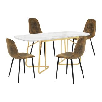 Urban Meuble Juego de mesa de comedor blanca con 4 sillas marrones