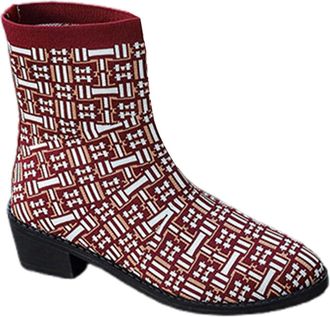 Generic Womens Fashion Knit Stretch Pointed Toe Low Heel Mid Calf Boots Comfortable Casual Booties for Daily Wear Travel Dating Outfits(4.5)