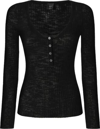 Pinko Jacquard Trui met Lange Mouwen - Dames - V-hals truien - Zwart - S - Katoen - Truien & Vesten
