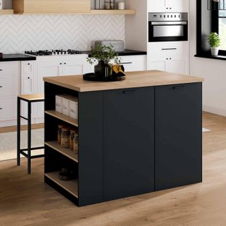 IDMarket Idmarket - Isla Central Tibo 120 Cm En Madera Negra Con Encimera Efecto Haya