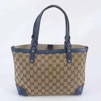 Gucci Blue Brown Leather Canvas Handbag Shoulder Bag Tote Bag (Pre-Owned)