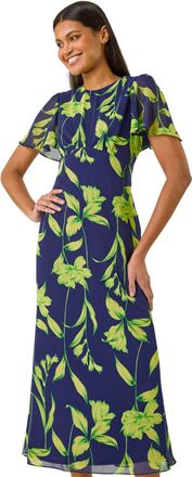 Roman Womens Leaf Print Back Tie Midi Dress - Navy - Size 20 UK