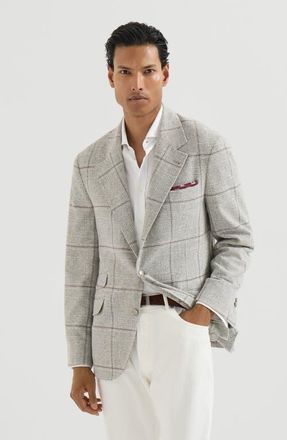 Brunello Cucinelli Silk, wool and cashmere Prince of Wales flannel deconstructed Cavallo blazer with metal buttons in Grey at Nordstrom, Size 60 It