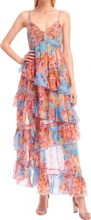 Badgley Mischka Tiered Ruffle Floral Maxi Dress In Coral & Blue Multi