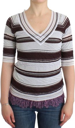 Ermanno Scervino Striped Lace V-Neck Short Sleeve Top Womens Sweater
