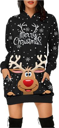 Generic Christmas Sweatshirt for Women Ugly Christmas Sweater Oversize Pullover Hooded Sweatshirt Reindeer Santa Jumper Dress Fun Family Jumper for Women UK