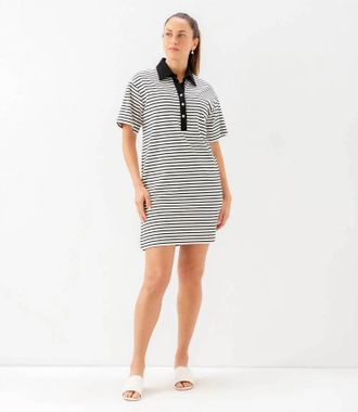 Karen Kane Stripe Short Sleeve Polo Dress In Ivory With Black