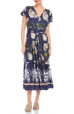 Fifteen Twenty Tiered Tie Waist Midi Dress in Blue Print at Nordstrom, Size X-Small