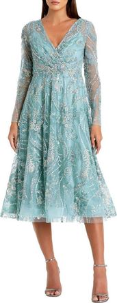 Mac Duggal Womens Floral Embroidered V Neck Long Sleeve Midi Dress in Seafoam at Nordstrom, Size 16