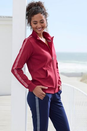 H.I.S Sweatjacke H.I.S, Damen, Gr. 32/34, rot, Interlock, Obermaterial: 60% Baumwolle, 40% Polyester, unifarben, Basic, bequem h&uuml;ftbedeckend, ohne Ausschnit