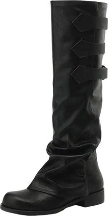 Generic Womens Low Heel Equestrian Boots Round Toe Pleated Vintage Knee-High Boots