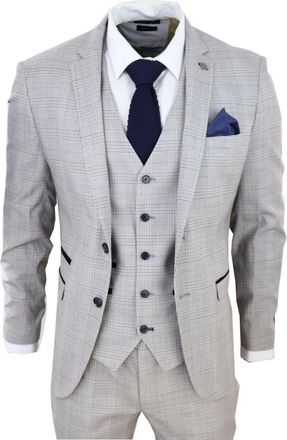 PAUL ANDREW Hugo Grey 3 Piece Suit Navy Check Velvet
