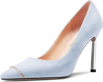 Castamere Womens Stiletto High Heel Pointed Toe Slip-on Rhinestone Crystal Pumps Court Shoe Wedding Office Sexy 10 CM Heels Light Blue 9.5 UK