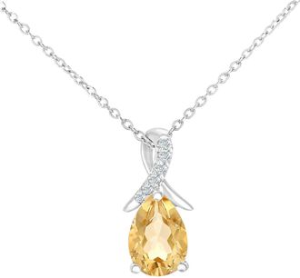 Jewelco London 9ct White Gold 2pts Diamond Pear 0.65ct Citrine Kiss Necklace 18 - PP0AXL5931WCT