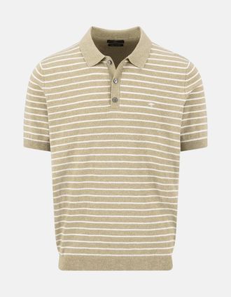 Fynch-Hatton Mens Striped Cotton Linen Fine Knit Polo Shirt Pistachio - Tan - Size: 42