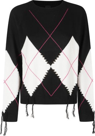 Pinko Black White Fuchsia Fringed Argyle Wool-Cashmere Sweater