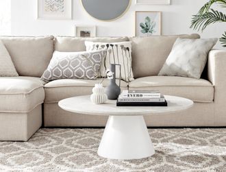 Furniturebox Palma Round Coffee Table with Pedestal Pillar Base & Semi-Matte or High Gloss Finish for Modern Minimalist Industrial Look in Beige
