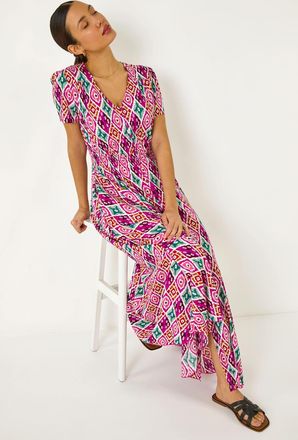 Roman Ikat Print Button Through Maxi Dress