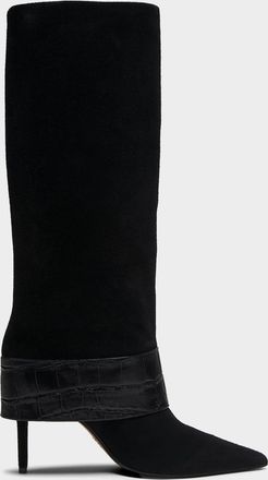 Schutz Beatrix Suede Knee-High Boots with Croc-Embossed Leather Buckle
