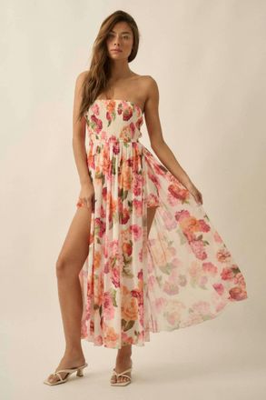 Promesa Floral-Print Mesh Smocked Strapless Maxi Dress In Cream/pink
