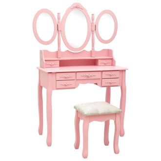 vidaXL Tocador Con Taburete Y Espejo Triple Plegable Rosa Vidaxl