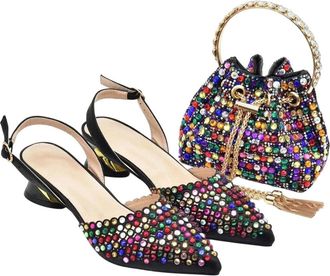 Generic Shoes with Matching Bags Set Decorated with Rhinestone Shoes for Women Mid Heels Party Pumps Heels Black