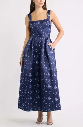 Chelsea28 Pleated Seamed Bodice Jacquard Maxi Cocktail Dress in Navy Brocade at Nordstrom, Size Xx-Small
