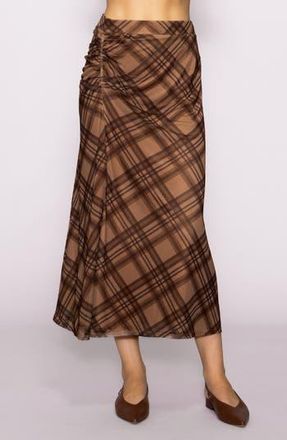 Melloday Side Ruched Plaid Mesh Skirt in Brown at Nordstrom Rack, Size X-Large