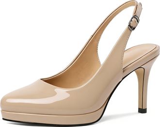 EDEFS Womens Beige Patent Slingback Heels with 3.5 Inch High Heel Platform Elegant Court Shoes for Office and Evening Wear UK2